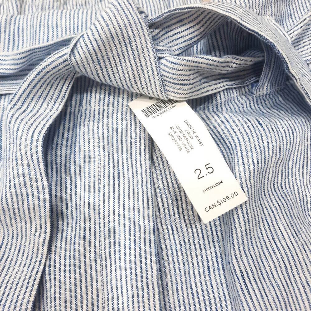 NWT Chico's Striped Linen Tie Waist Belted Crop Pant Women's Size 2.5 (14)